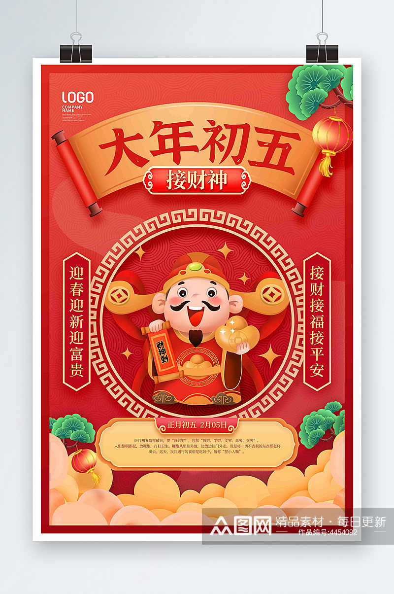 虎年红色初五接财神春节习俗宣传海报素材