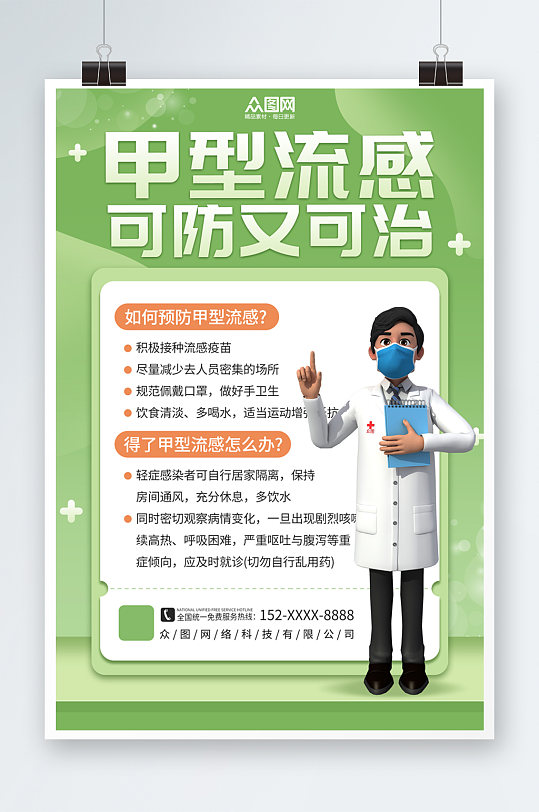 绿色清新预防甲流甲型流感医疗科普海报