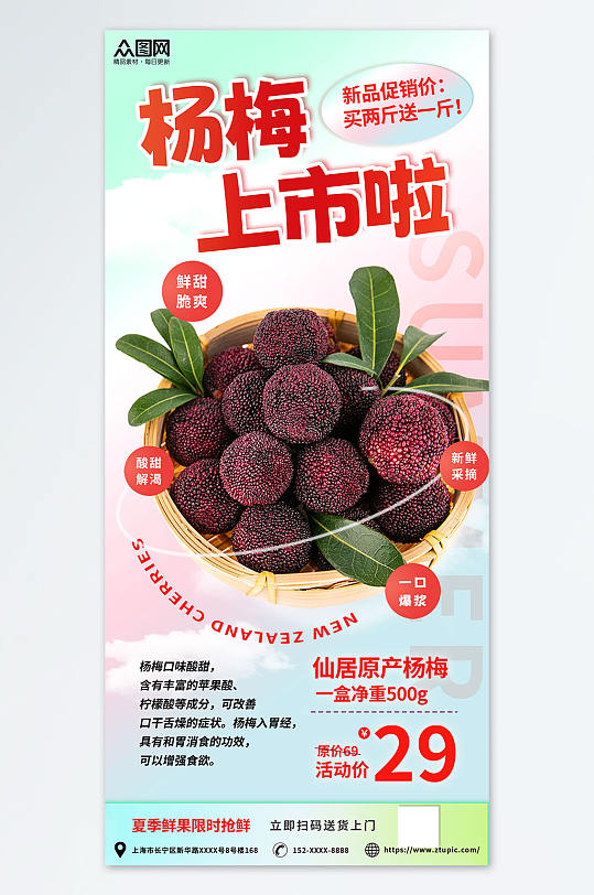 甜美清新新鲜杨梅夏季水果果园促销海报