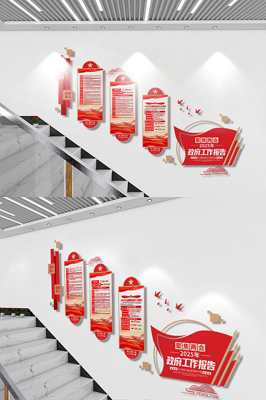 2025年政府工作报告党建楼梯文文化墙