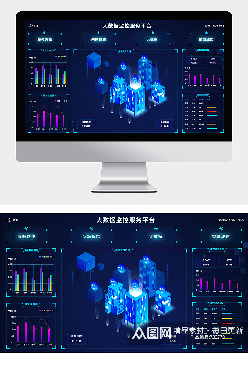 蓝色大数据可视化监控服务平台网页UI界面素材