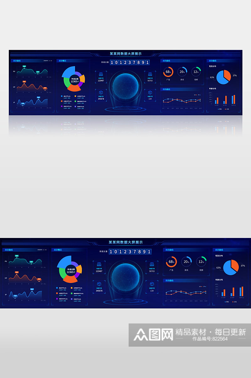 蓝色文件管理后台大数据可视化数据超级大屏素材