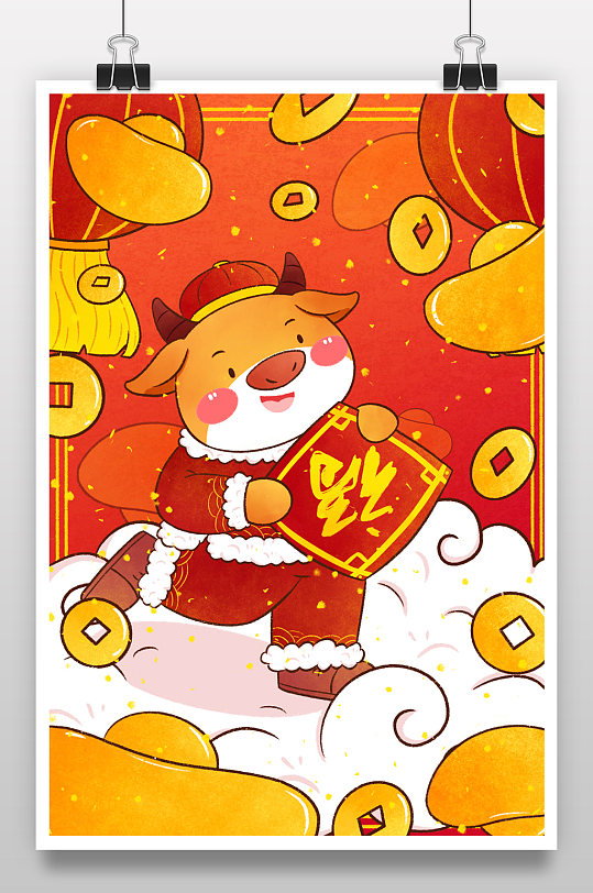 红色金色喜庆新年牛拿福字插画