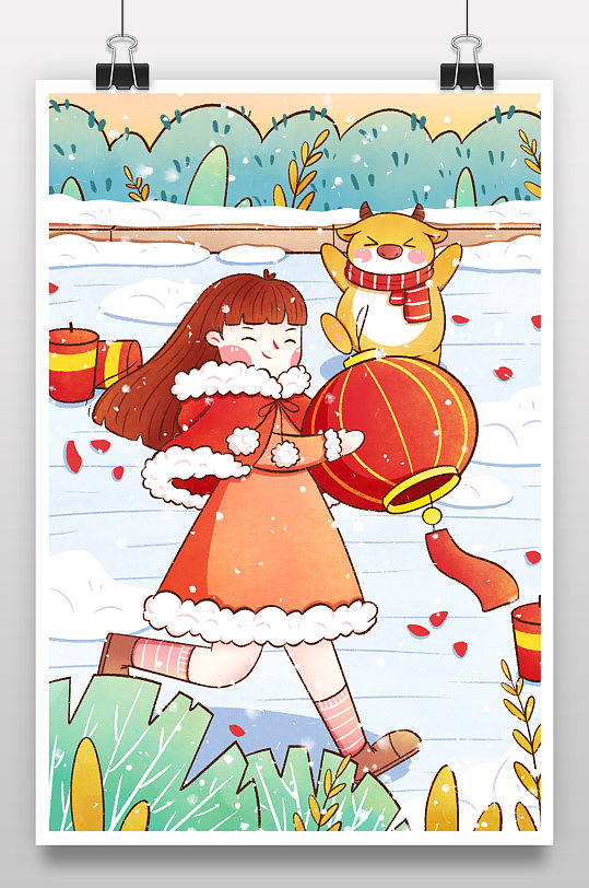 手绘新年女孩拿着灯笼插画