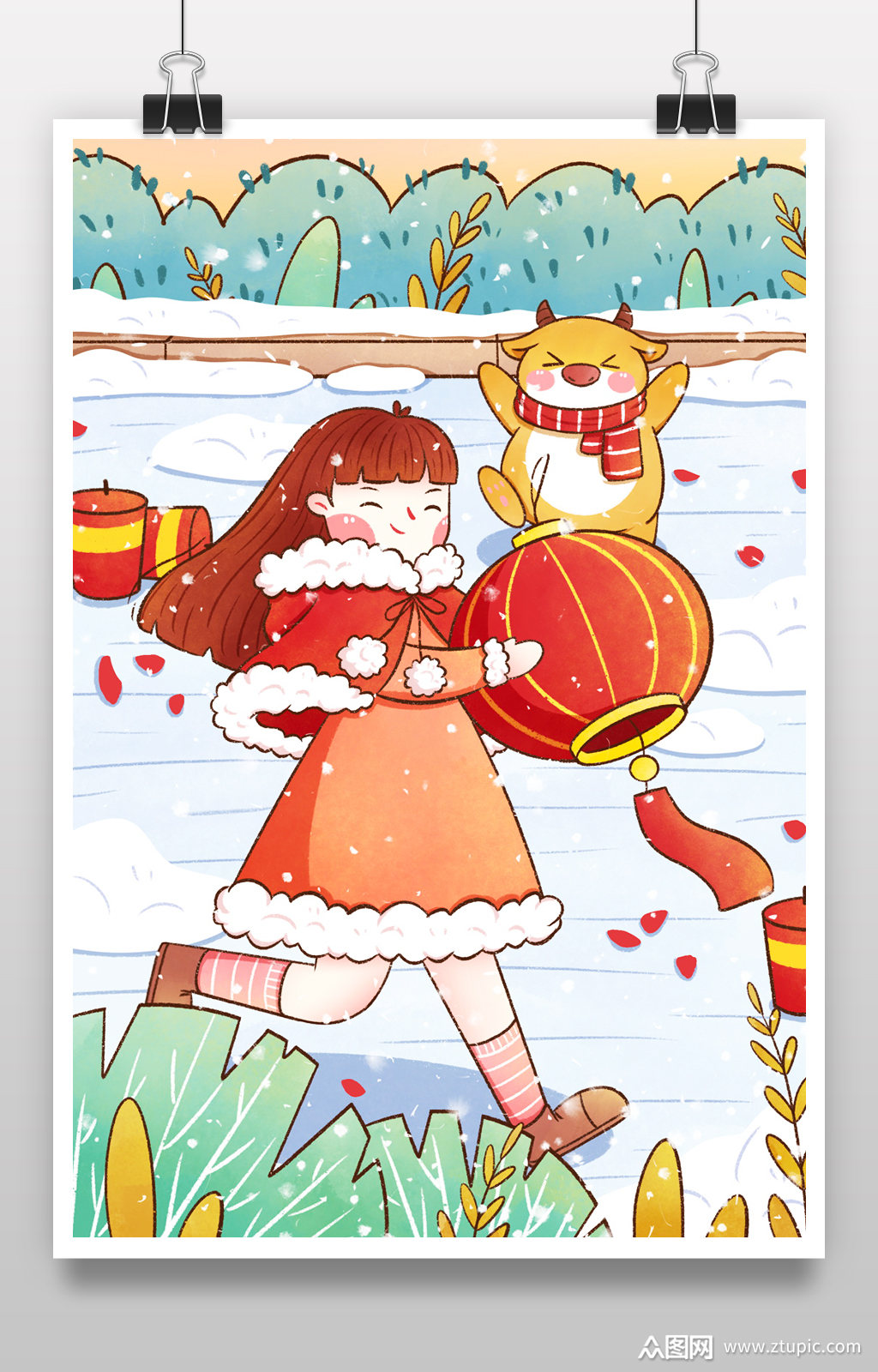 手绘新年女孩拿着灯笼插画