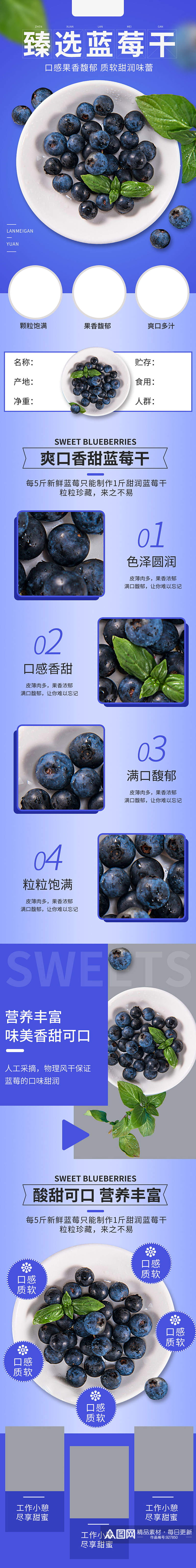蓝莓详情蓝莓干新鲜蓝莓水果甜点零食详情素材