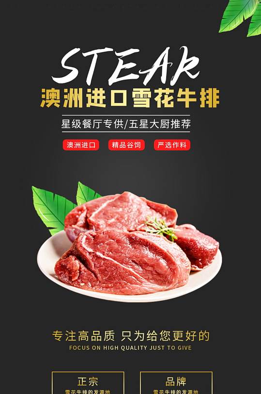 黑色生鲜肉类雪花牛排详情页