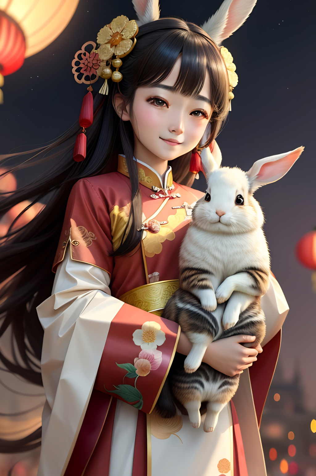 AI手绘创意玉兔嫦娥唯美插画封面壁纸素材