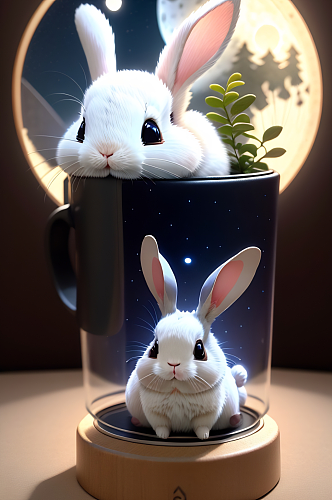 AI中秋圆月兔子摆件手绘封面卡通动漫插画