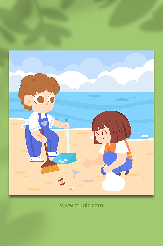 海边捡垃圾垃圾分类人物插画