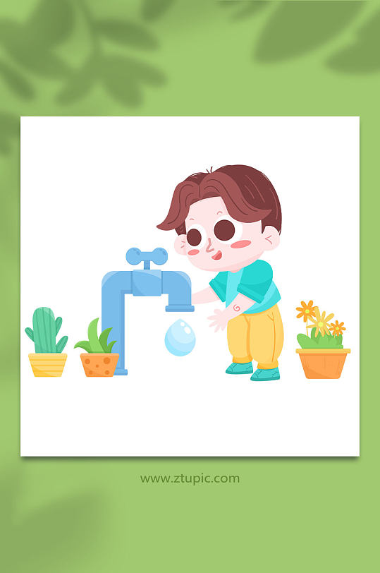 户外男孩节约用水人物插画-众图网