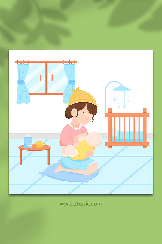 室内母乳喂养母婴人物插画