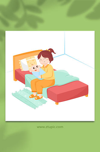 卧室拥抱母乳喂养人物插画