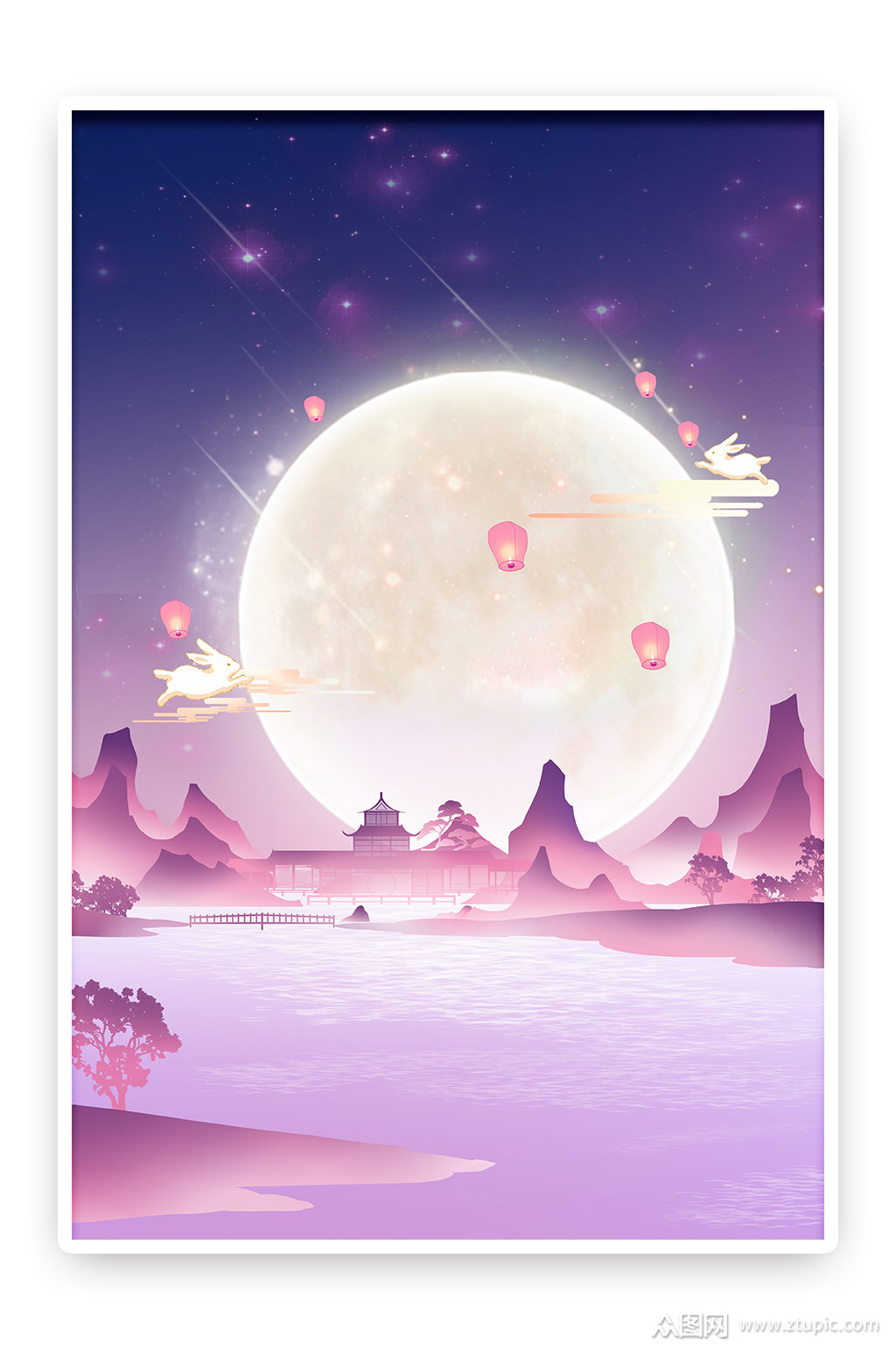 国庆中秋月亮月饼兔子手绘祥云插画节日海报素材