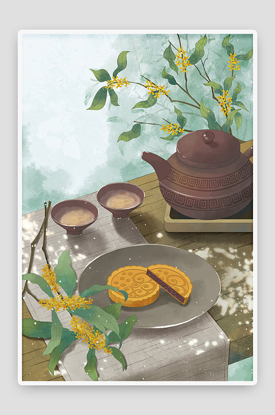 国庆中秋月亮月饼兔子手绘祥云插画节日海报