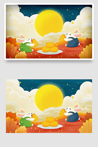 国庆中秋月亮月饼兔子卡通手绘插画海报