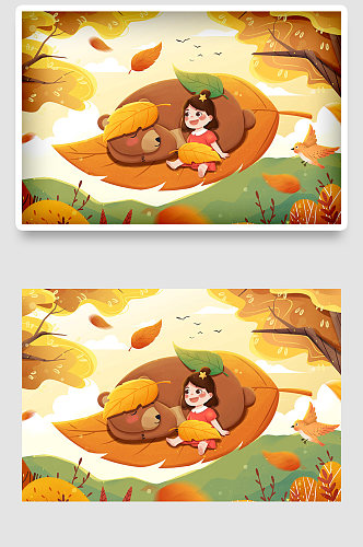 中国传统秋天秋季秋游秋分节气手绘插画海报