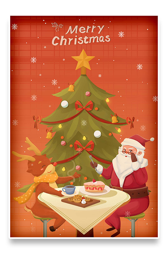 圣诞节老人麋鹿雪人卡通手绘插画海报