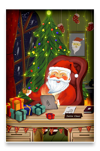 圣诞节卡通手绘小清新圣诞老人插画海报