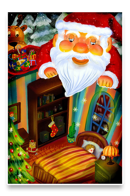 小清新圣诞节卡通手绘圣诞老人插画海报