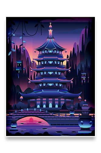 趋势霓虹荧光城市建筑杭州西湖插画海报