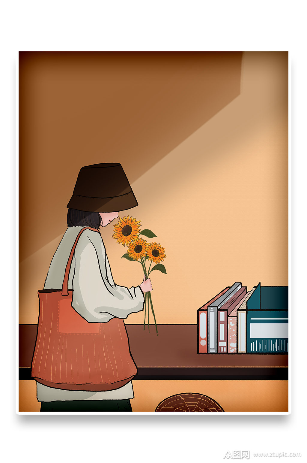 感恩节氛围感小人物插画向日葵女孩素材