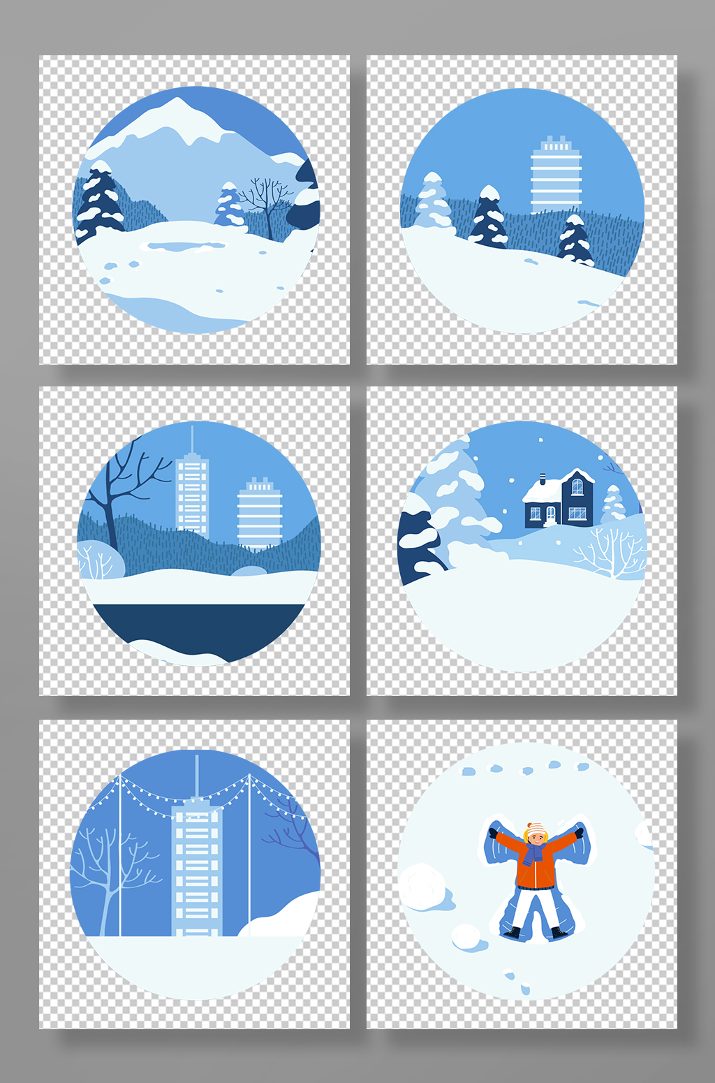 扁平化蓝白色小雪节气元素插画素材