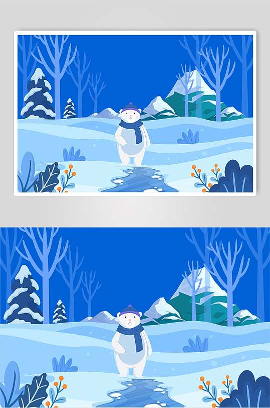 扁平化矢量蓝色冬季北极熊雪景插画