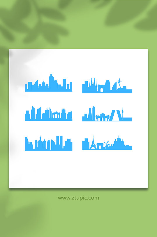 蓝色矢量图城市剪影插画元素