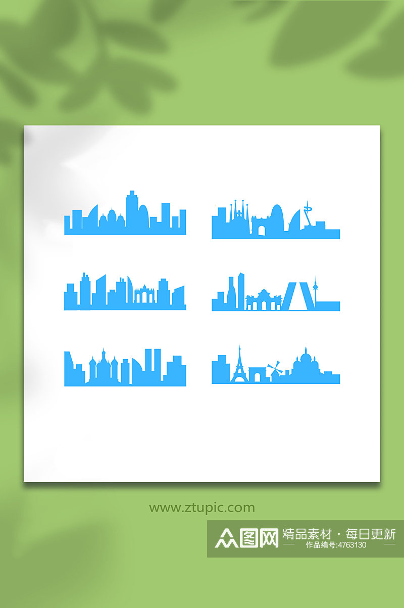 蓝色矢量图城市剪影插画元素素材