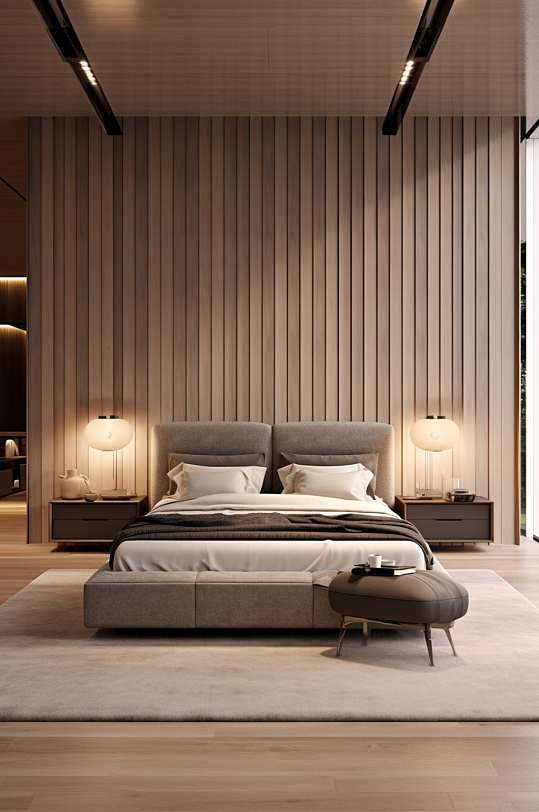 现代卧室木质元素地板墙壁室内场景摄影图