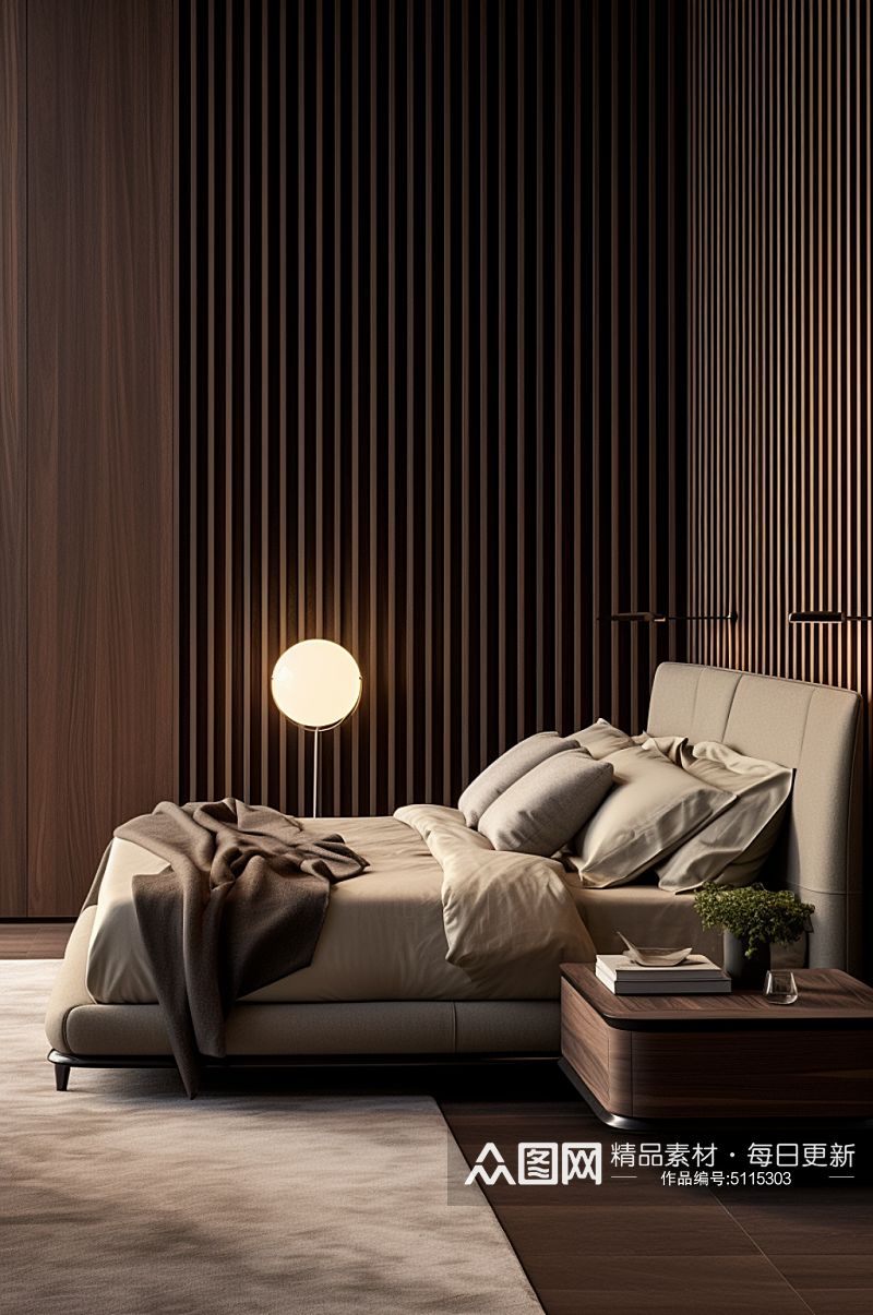 现代卧室木质元素地板墙壁室内场景摄影图素材
