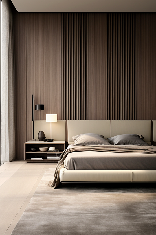 现代卧室木质元素地板墙壁室内场景摄影图