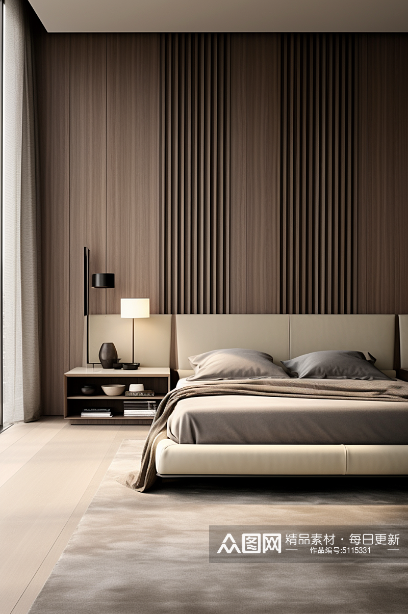 现代卧室木质元素地板墙壁室内场景摄影图素材