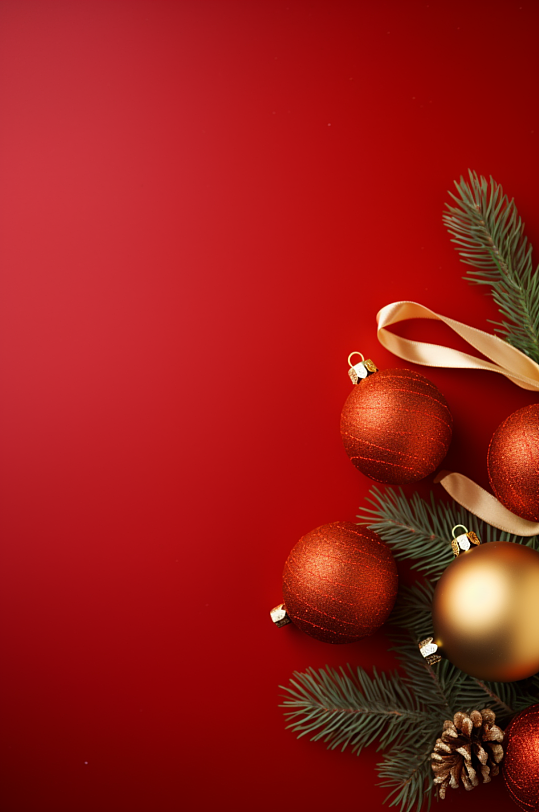 圣诞树枝金色丝带装饰红色背景摄影图