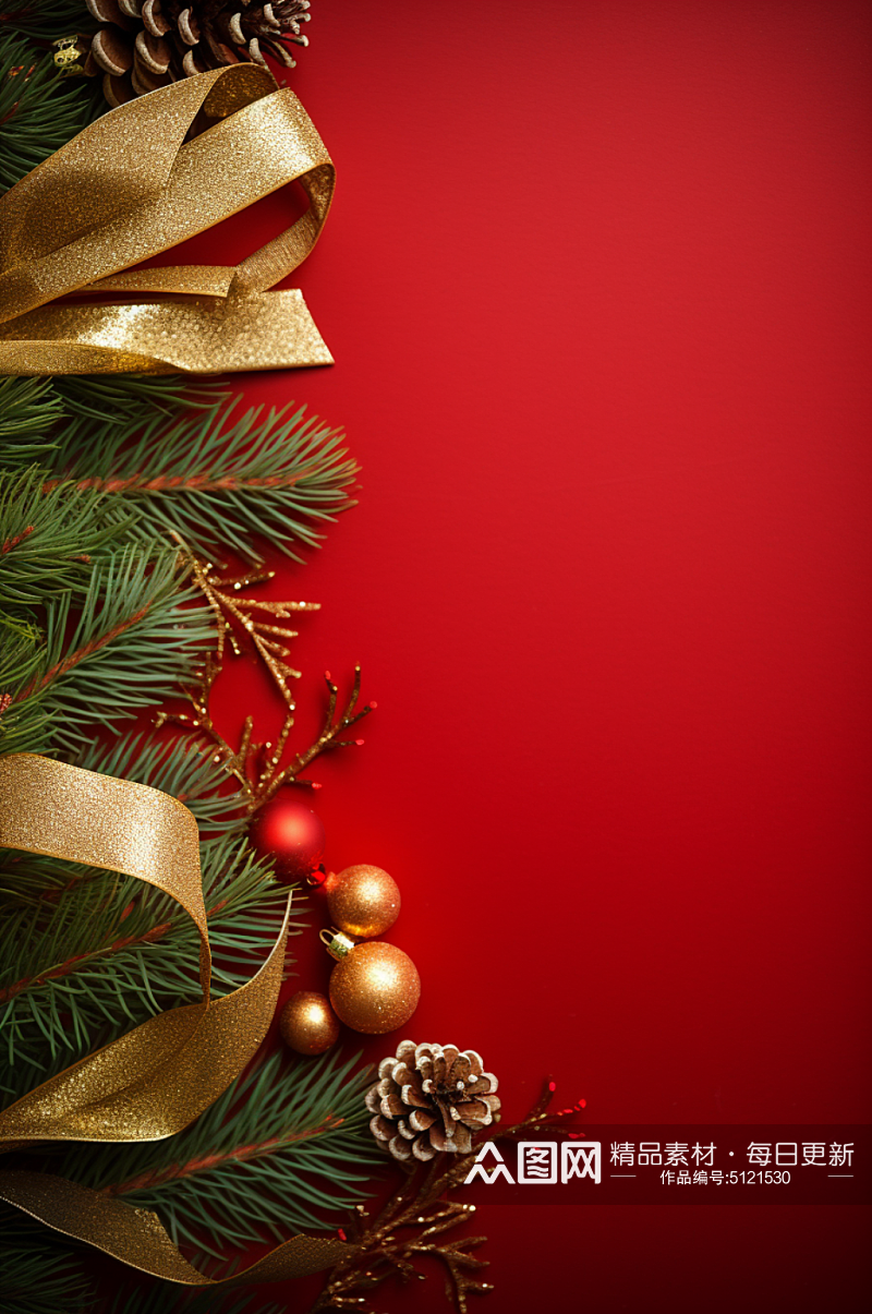 圣诞树枝金色丝带装饰红色背景摄影图素材