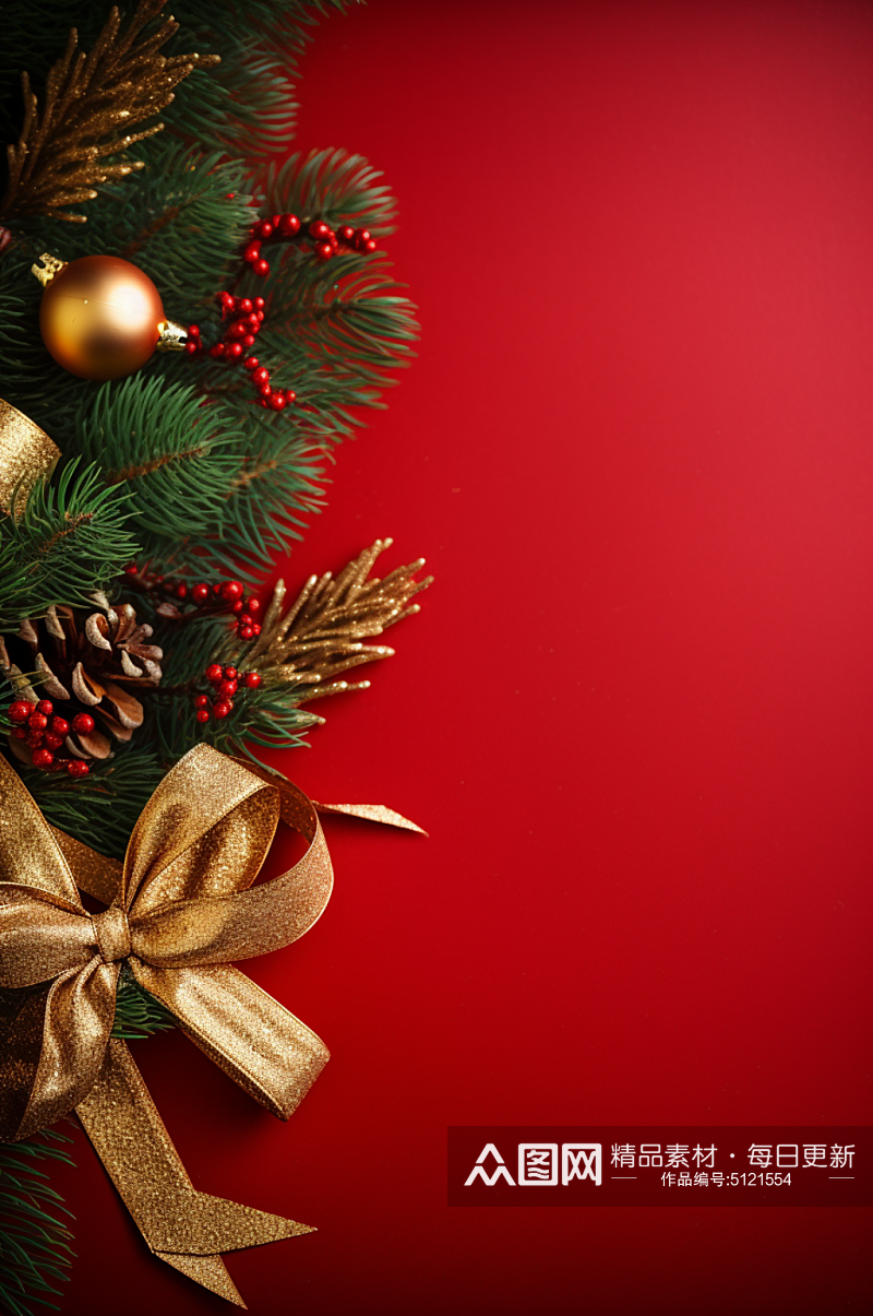 圣诞树枝金色丝带装饰红色背景摄影图素材