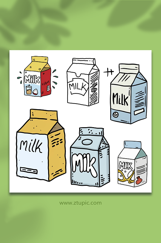 卡通牛奶盒简笔画透明底设计元素