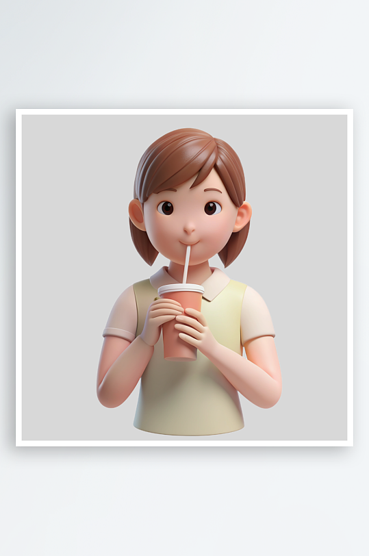 女孩喝饮料免抠图立体设计元素