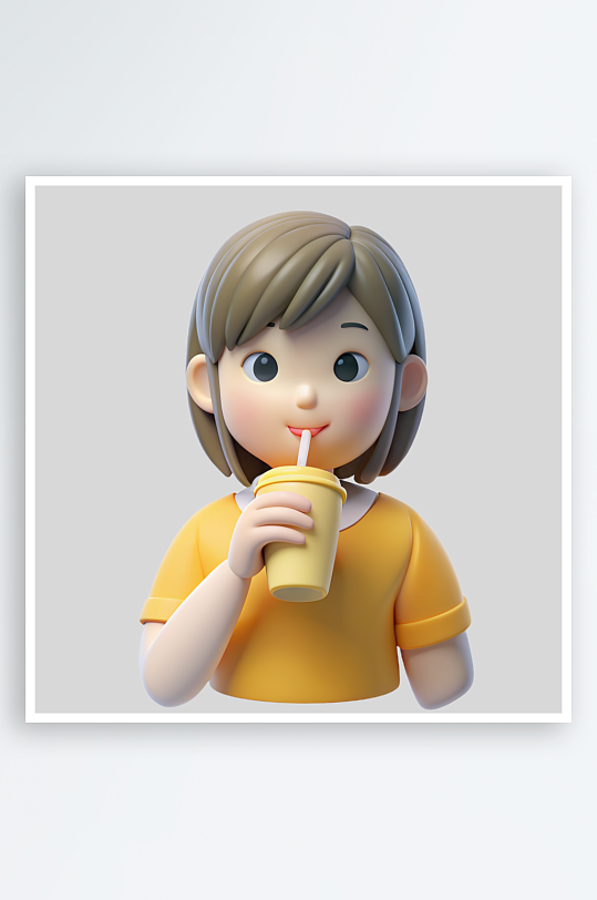 女孩喝饮料免抠图立体设计小元素