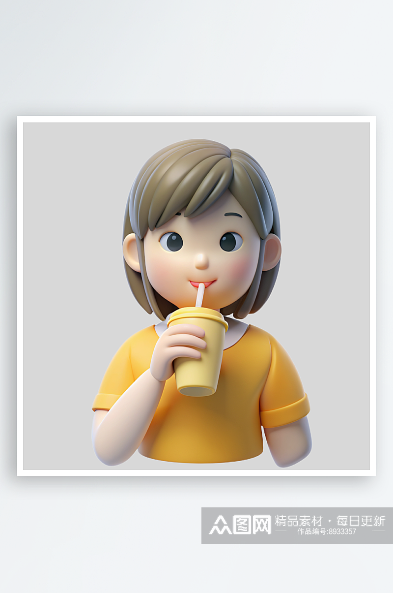 女孩喝饮料免抠图立体设计小元素素材