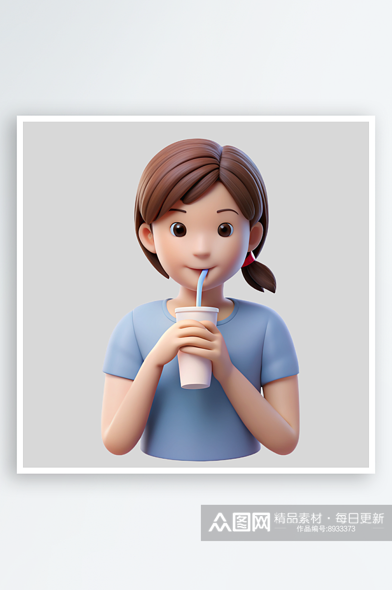 女孩喝饮料免抠图立体设计元素素材