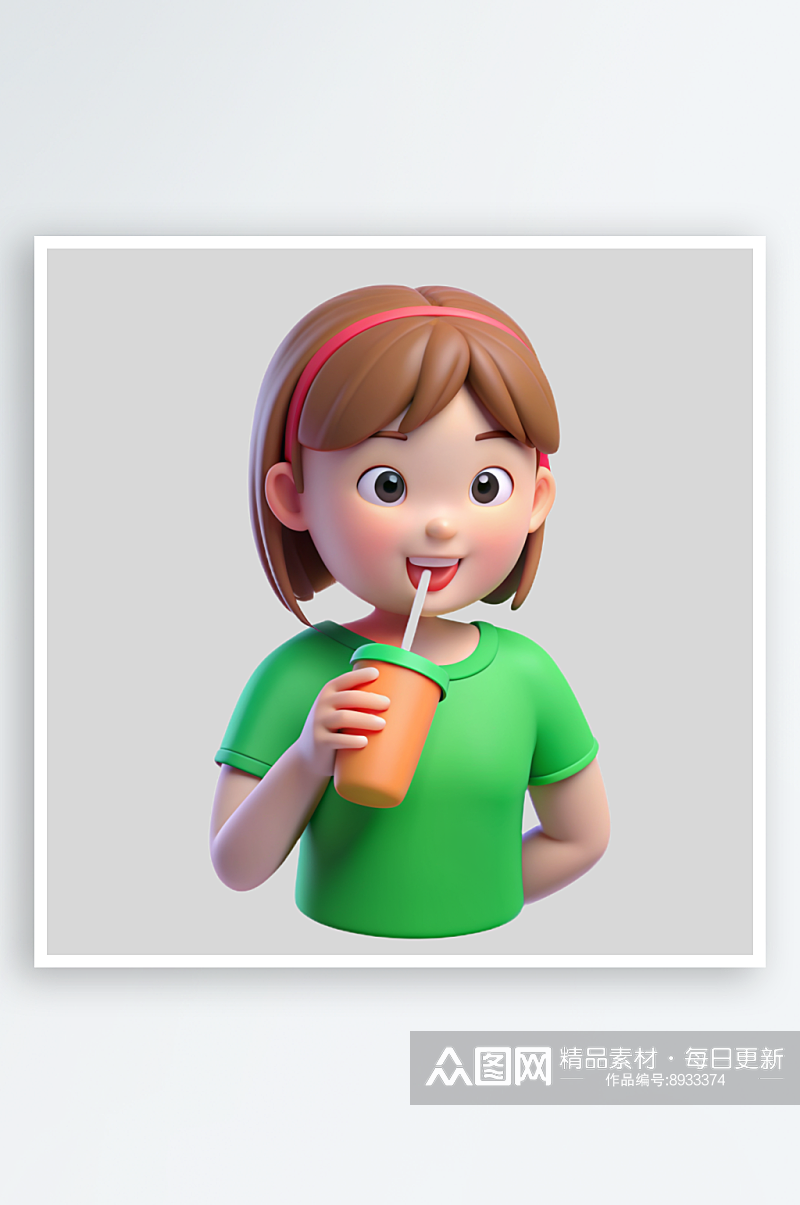 女孩喝饮料免抠图立体设计元素素材
