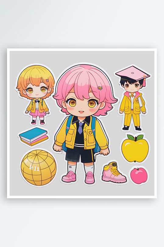 可爱卡通学生人物贴纸设计小元素