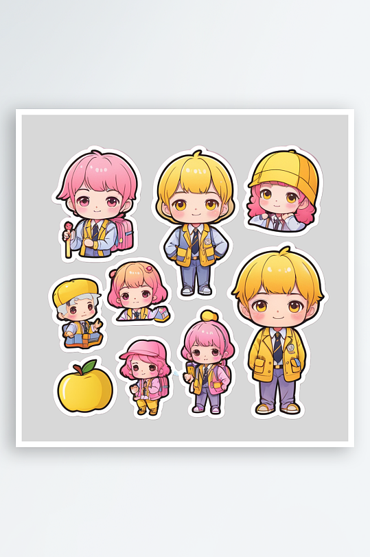 可爱卡通学生人物贴纸设计小元素