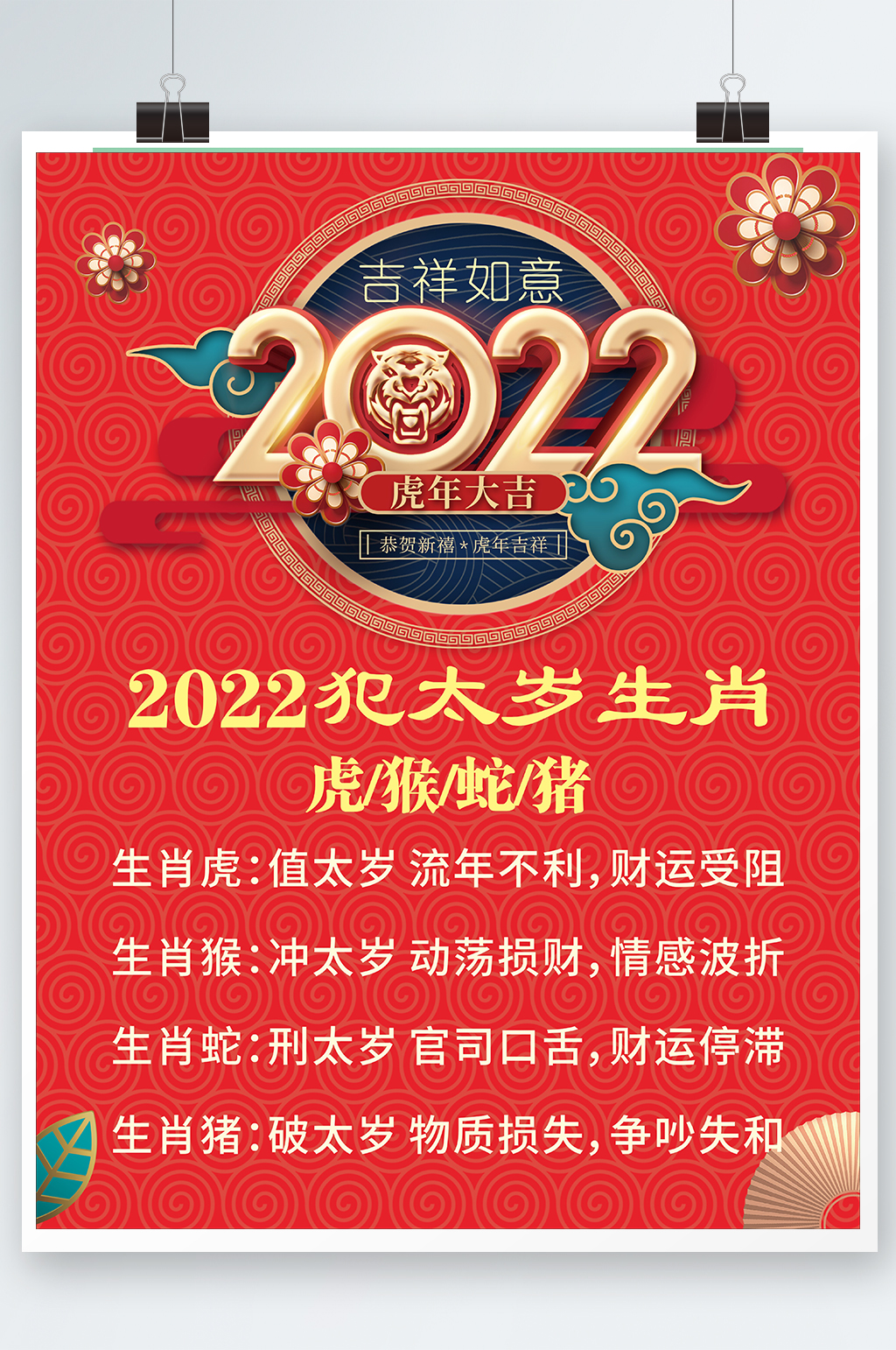 2022犯太岁生肖虎猴蛇猪素材