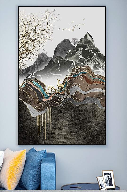 新中式轻奢抽象大理石山峰麋鹿装饰画