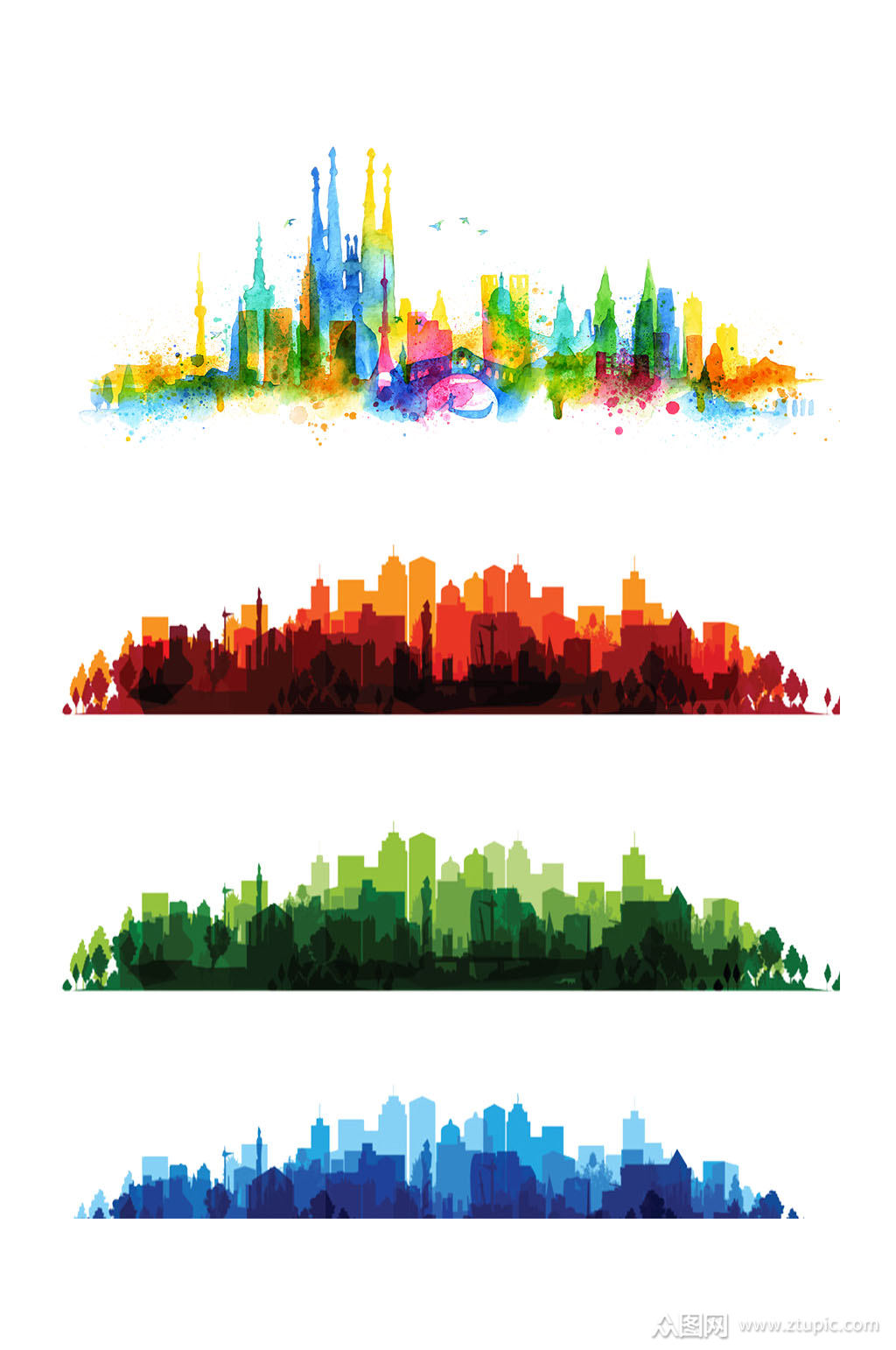 水彩水墨城市剪影海报素材免扣png元素