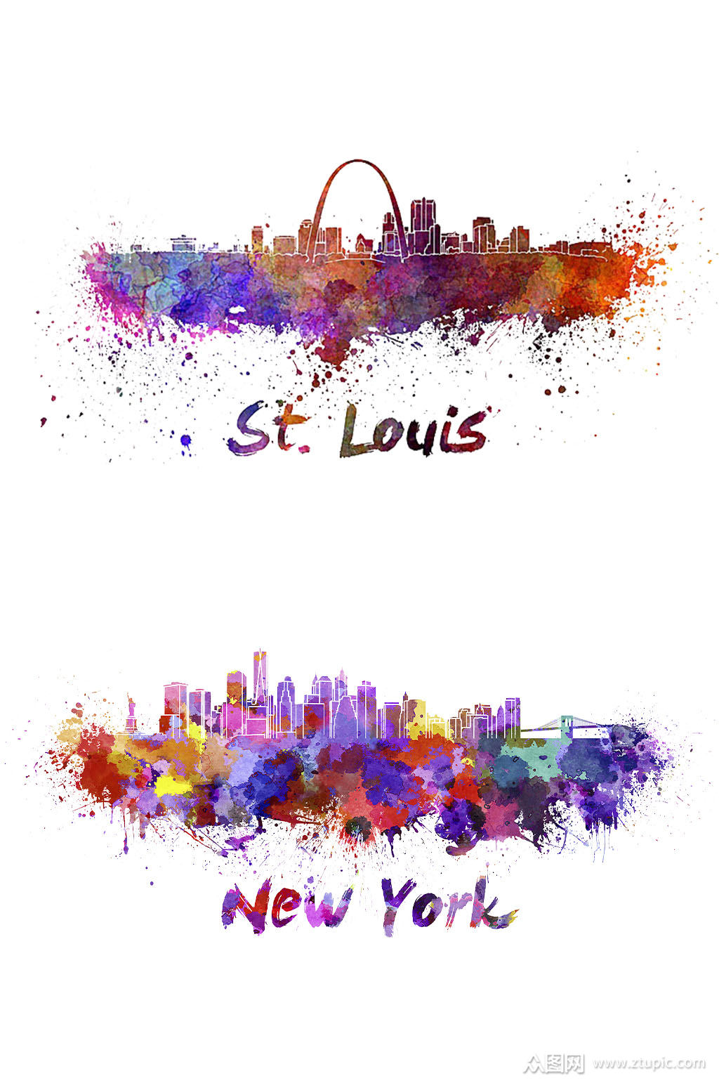 水彩水墨著名城市剪影海报素材png元素