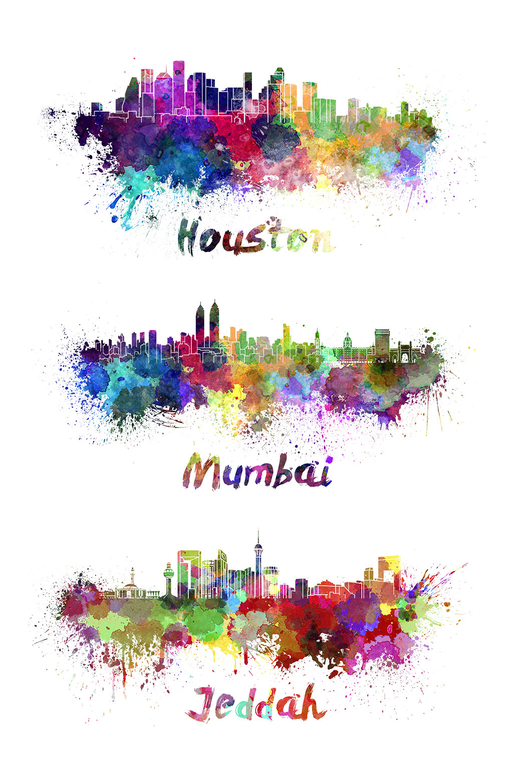 水彩水墨著名城市剪影海报素材png元素